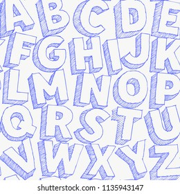 Large white chalk letters hand drawn vector alphabet seamles pattern on black background