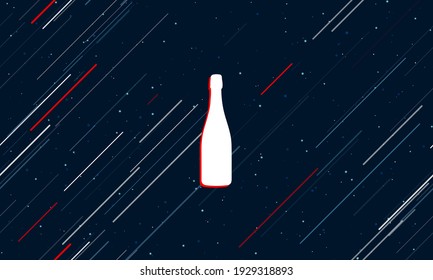 Large white champagne symbol framed in red in the center. The effect of flying through the stars. Seamless vector illustration on a dark blue background with stars and slanted lines