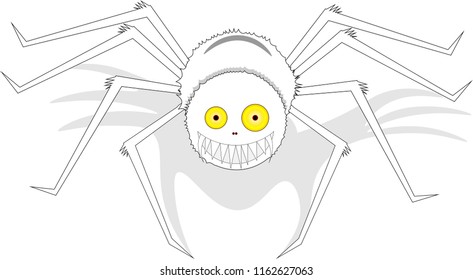 Large white, charming, smiling spider with yellow eyes and shadow, on an isolated background.