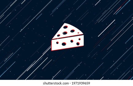 Large white cheese symbol framed in red in the center. The effect of flying through the stars. Vector illustration on a dark blue background with stars and slanted lines