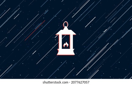 Large white Christmas lantern framed in red in the center. The effect of flying through the stars. Vector illustration on a dark blue background with stars and slanted lines