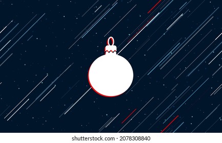Large white Christmas tree toy framed in red in the center. The effect of flying through the stars. Vector illustration on a dark blue background with stars and slanted lines