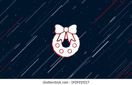 Large white christmas wreath symbol framed in red in the center. The effect of flying through the stars. Seamless vector illustration on a dark blue background with stars and slanted lines