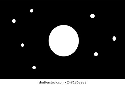 Large white circle in the middle, smaller dots and ovals around on black background. Minimalistic abstract vector background or pattern.