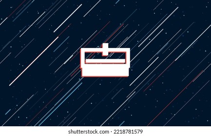 Large white cnc machine symbol framed in red in the center. The effect of flying through the stars. Vector illustration on a dark blue background with stars and slanted lines