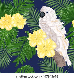 Large white cockatoo and exotic flowers on a dark background. Seamless vector pattern