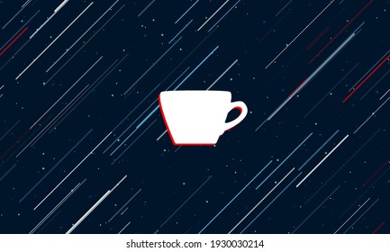 Large white coffee cup symbol framed in red in the center. The effect of flying through the stars. Seamless vector illustration on a dark blue background with stars and slanted lines