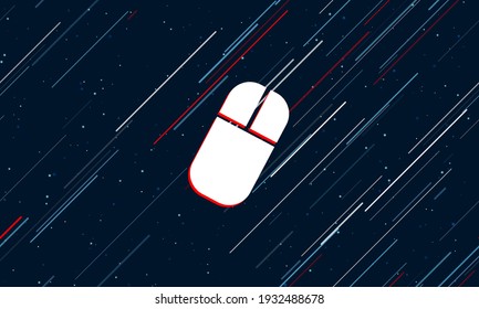 Símbolo grande del ratón de ordenador blanco enmarcado en rojo en el centro. El efecto de volar a través de las estrellas. Ilustración vectorial sin igual en un fondo azul oscuro con estrellas y líneas inclinadas