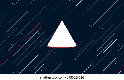 Large white cone symbol framed in red in the center. The effect of flying through the stars. Vector illustration on a dark blue background with stars and slanted lines