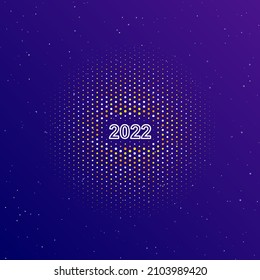 A large white contour 2022 year symbol in the center, surrounded by small dots. Dots of different colors in the shape of a ball. Vector illustration on dark blue gradient background with stars