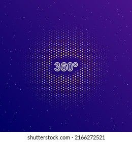 A large white contour 360 degree symbol in the center, surrounded by small dots. Dots of different colors in the shape of a ball. Vector illustration on dark blue gradient background with stars