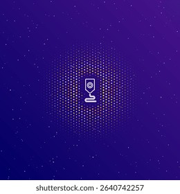 A large white contour 3D printer symbol in the center, surrounded by small dots. Dots of different colors in the shape of a ball. Vector illustration on dark blue gradient background with stars