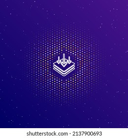 A large white contour absorbent symbol in the center, surrounded by small dots. Dots of different colors in the shape of a ball. Vector illustration on dark blue gradient background with stars