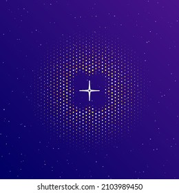 Un gran símbolo de estrella abstracta de contorno blanco en el centro, rodeado de pequeños puntos. Puntos de diferentes colores en forma de bola. Ilustración vectorial sobre fondo de gradiente azul oscuro con estrellas