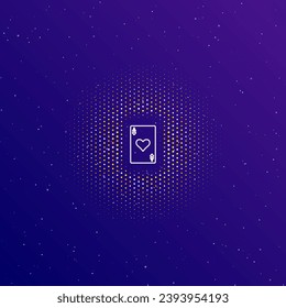 A large white contour ace of heart card in the center, surrounded by small dots. Dots of different colors in the shape of a ball. Vector illustration on dark blue gradient background with stars