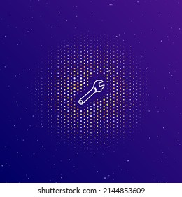 En el centro, un gran símbolo de llave blanca de contorno ajustable, rodeado de pequeños puntos. Puntos de diferentes colores en forma de bola. Ilustración vectorial sobre fondo de gradiente azul oscuro con estrellas