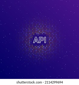 A large white contour api symbol in the center, surrounded by small dots. Dots of different colors in the shape of a ball. Vector illustration on dark blue gradient background with stars