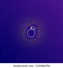 A large white contour apple symbol in the center, surrounded by small dots. Dots of different colors in the shape of a ball. Vector illustration on dark blue gradient background with stars