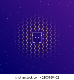 Un gran símbolo de arco de contorno blanco en el centro, rodeado de pequeños puntos. Puntos de diferentes colores en forma de bola. Ilustración vectorial sobre fondo de gradiente azul oscuro con estrellas