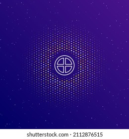 A large white contour astrological earth symbol in the center, surrounded by small dots. Vector illustration on dark blue gradient background with stars