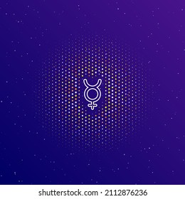 A large white contour astrological mercury symbol in the center, surrounded by small dots. Vector illustration on dark blue gradient background with stars