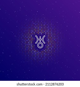 A large white contour astrological uranus symbol in the center, surrounded by small dots. Vector illustration on dark blue gradient background with stars