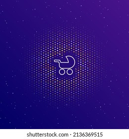 A Large White Contour Baby Carriage Symbol In The Center, Surrounded By Small Dots. Dots Of Different Colors In The Shape Of A Ball. Vector Illustration On Dark Blue Gradient Background With Stars