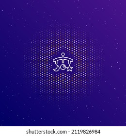A large white contour baby mobile in the center  surrounded by small dots  Dots different colors in the shape ball  Vector illustration dark blue gradient background and stars