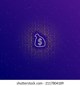 A large white contour bag of money symbol in the center, surrounded by small dots. Dots of different colors in the shape of a ball. Vector illustration on dark blue gradient background with stars