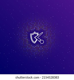 A large white contour ball bounces off the shield symbol in the center, surrounded by small dots. Vector illustration on dark blue gradient background with stars