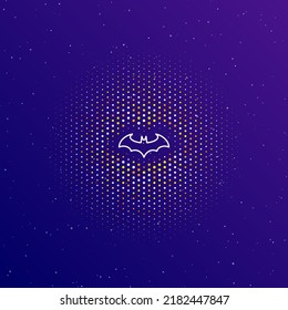 A large white contour Batman logo in the center, surrounded by small dots. Dots of different colors in the shape of a ball. Vector illustration on dark blue gradient background with stars