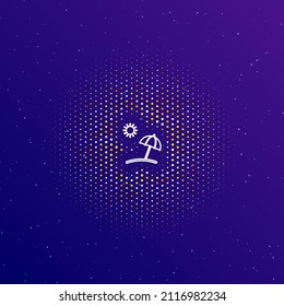 A large white contour beach symbol in the center, surrounded by small dots. Dots of different colors in the shape of a ball. Vector illustration on dark blue gradient background with stars