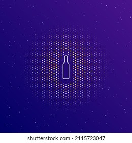 A large white contour beer bottle symbol in the center, surrounded by small dots. Dots of different colors in the shape of a ball. Vector illustration on dark blue gradient background with stars