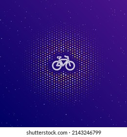 A large white contour bicycle symbol in the center, surrounded by small dots. Dots of different colors in the shape of a ball. Vector illustration on dark blue gradient background with stars