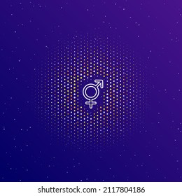 A large white contour bigender symbol in the center, surrounded by small dots. Dots of different colors in the shape of a ball. Vector illustration on dark blue gradient background with stars
