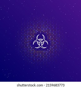 A large white contour biohazard symbol in the center, surrounded by small dots. Dots of different colors in the shape of a ball. Vector illustration on dark blue gradient background with stars