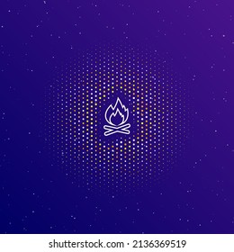 A large white contour bonfire symbol in the center, surrounded by small dots. Dots of different colors in the shape of a ball. Vector illustration on dark blue gradient background with stars