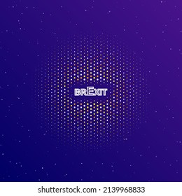 A large white contour brexit symbol in the center, surrounded by small dots. Dots of different colors in the shape of a ball. Vector illustration on dark blue gradient background with stars