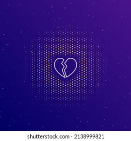 A large white contour broken heart symbol in the center, surrounded by small dots. Dots of different colors in the shape of a ball. Vector illustration on dark blue gradient background with stars