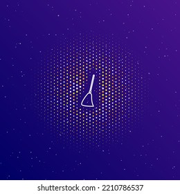 A large white contour broom symbol in the center, surrounded by small dots. Dots of different colors in the shape of a ball. Vector illustration on dark blue gradient background with stars