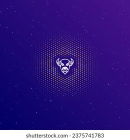 A large white contour buffalo logo in the center, surrounded by small dots. Dots of different colors in the shape of a ball. Vector illustration on dark blue gradient background with stars