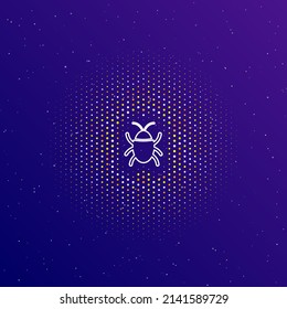A large white contour bug symbol in the center, surrounded by small dots. Dots of different colors in the shape of a ball. Vector illustration on dark blue gradient background with stars