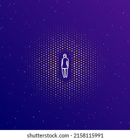 A large white contour burkini symbol in the center  surrounded by small dots  Dots different colors in the shape ball  Vector illustration dark blue gradient background and stars