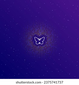 A large white contour butterfly symbol in the center, surrounded by small dots. Dots of different colors in the shape of a ball. Vector illustration on dark blue gradient background with stars