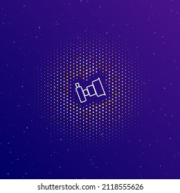 A large white contour camera symbol in the center, surrounded by small dots. Dots of different colors in the shape of a ball. Vector illustration on dark blue gradient background with stars