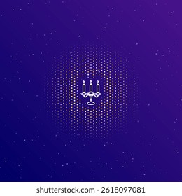A large white contour candlestick with candles symbol in the center, surrounded by small dots. Vector illustration on dark blue gradient background with stars