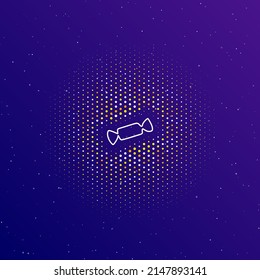 A large white contour candy symbol in the center, surrounded by small dots. Dots of different colors in the shape of a ball. Vector illustration on dark blue gradient background with stars