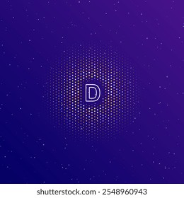 A large white contour capital letter D symbol in the center, surrounded by small dots. Dots of different colors in the shape of a ball. Vector illustration on dark blue gradient background with stars