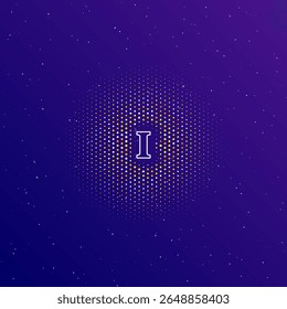 A large white contour capital letter I symbol in the center, surrounded by small dots. Dots of different colors in the shape of a ball. Vector illustration on dark blue gradient background with stars