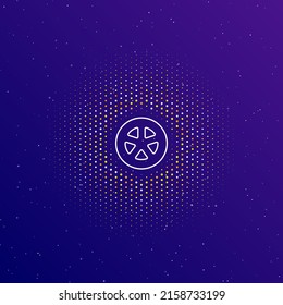 En el centro, un gran símbolo blanco de rueda de coches de contorno, rodeado de pequeños puntos. Puntos de diferentes colores en forma de bola. Ilustración vectorial sobre fondo de gradiente azul oscuro con estrellas